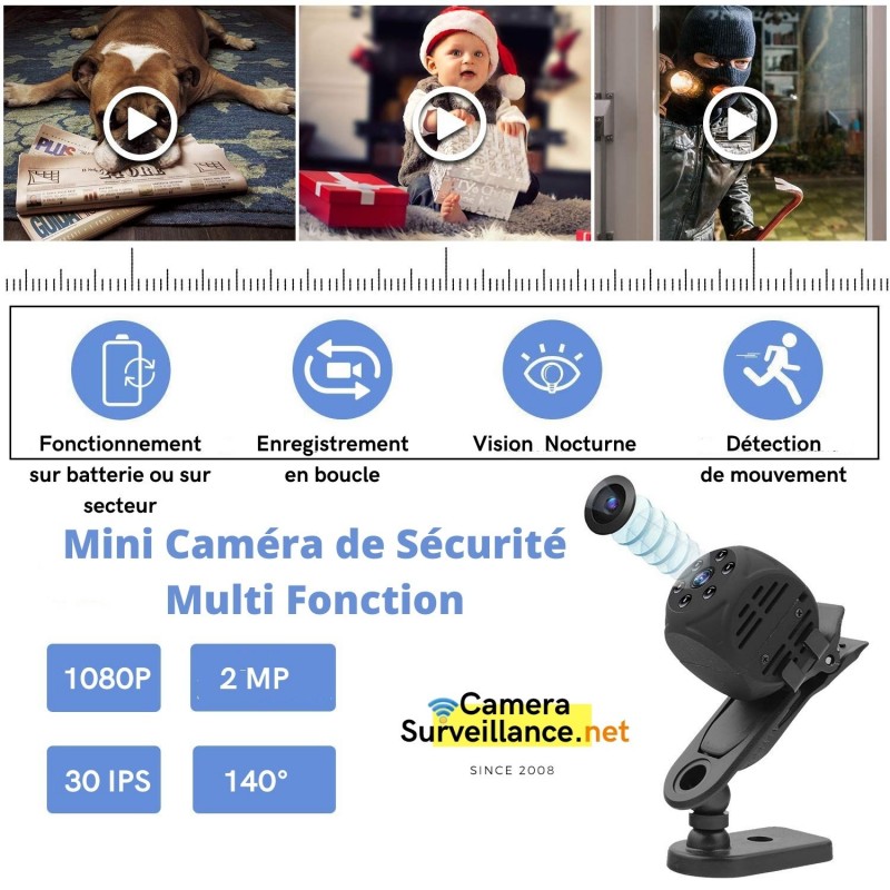 Mini caméra espion portable sans fil avec vision nocturne infrarouge, micro  caméra HD 1080p, détection de