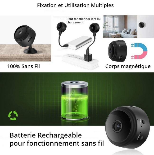 Caméra espion Chronus Mini Camera Espion WiFi 1080p Magneti sans Fil Nanny  Cachée et Vision Nocturne Interieur Exterieur Surveillance pour iOS  Android-Noir